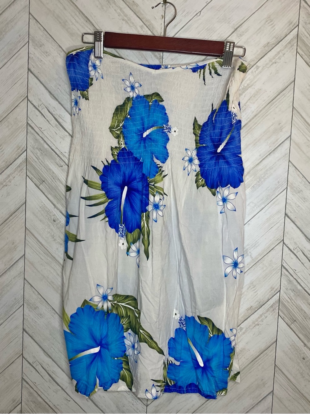 White Floral Blue Hibiscus Midi Skirt